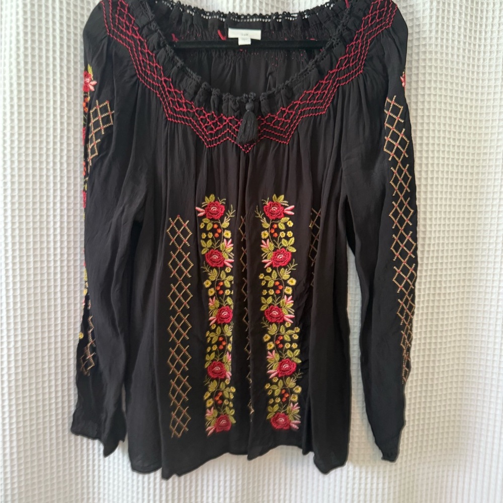 J. Jill Black Blouse with Red and Yellow Embroidery